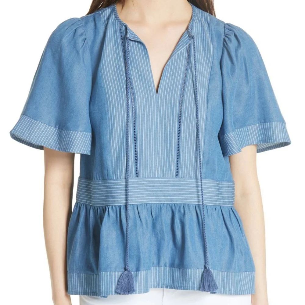 Kate Spade Indigo Railroad Chambray Tassel Top L